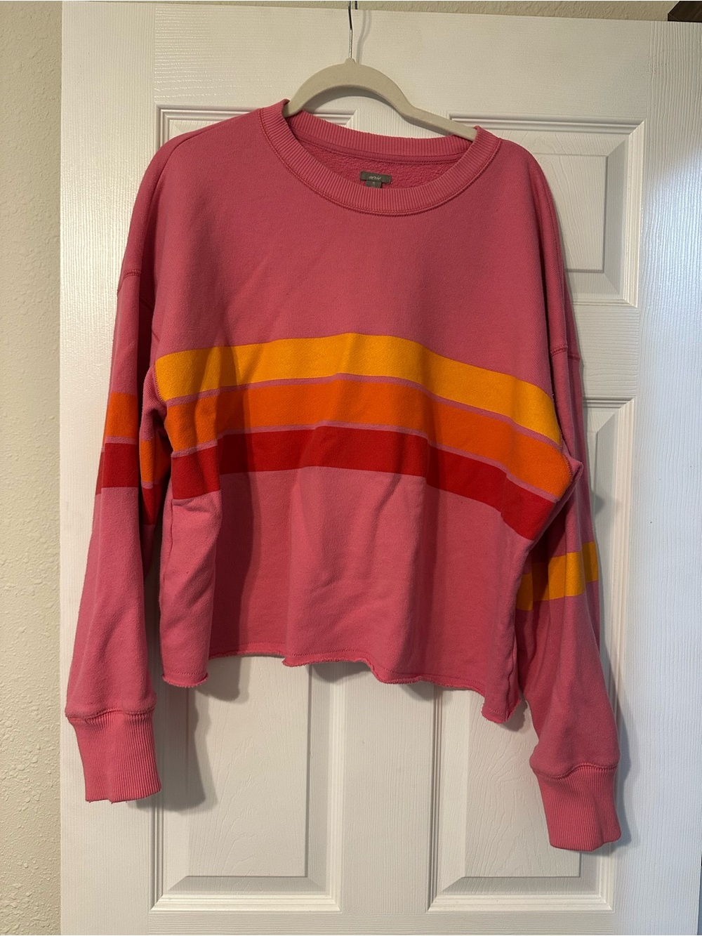 aerie Pink Crew Sweatshirt with Yellow and Red Stripe Accents - Picture 1 of 7